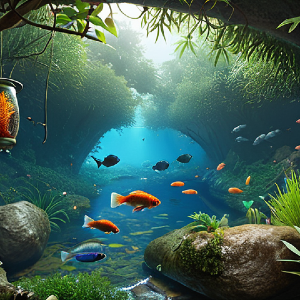 A vibrant, biodiverse river ecosystem teeming with native fish like Korean chub (*Zacco koreanus*) and mandarin fish (*Siniperca scherzeri*), lush aquatic plants, insects, birds, and mammals interacting in a complex food web, inspired by childhood memories of exploring a local stream.