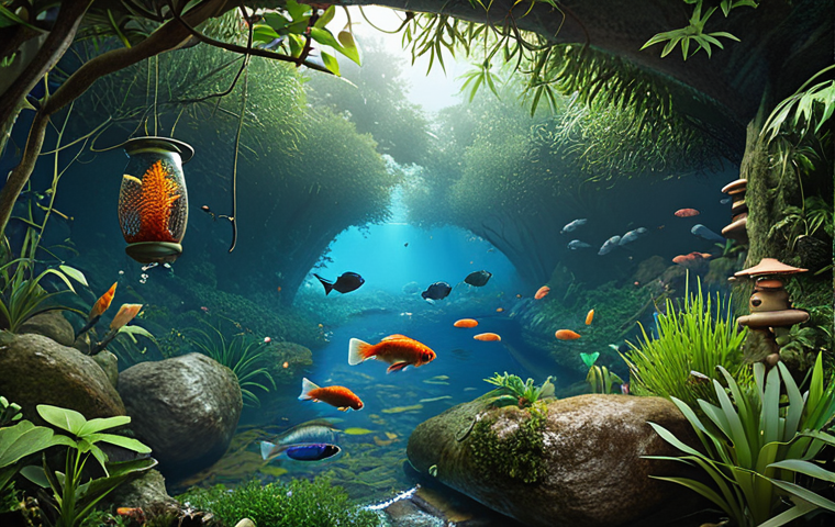 A vibrant, biodiverse river ecosystem teeming with native fish like Korean chub (*Zacco koreanus*) and mandarin fish (*Siniperca scherzeri*), lush aquatic plants, insects, birds, and mammals interacting in a complex food web, inspired by childhood memories of exploring a local stream.