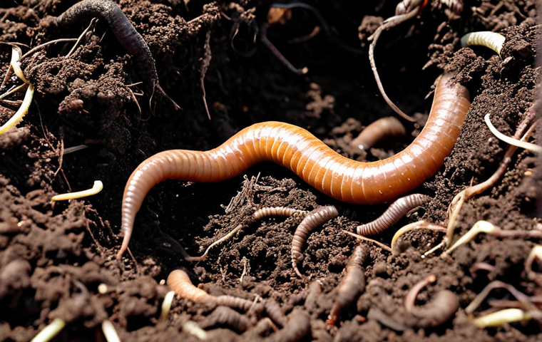 유기농업 생태적 이점 - Soil Health**
"Close-up of healthy soil teeming with earthworms and visible microbial activity, roo...