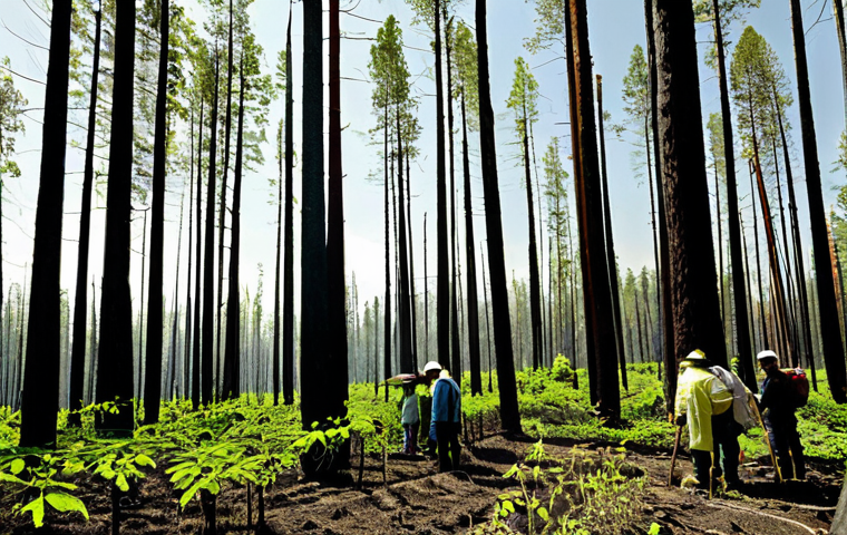자연재해와 생태 복원 - Reforestation After Disaster**
"A lush forest growing on previously barren land scarred by a natura...