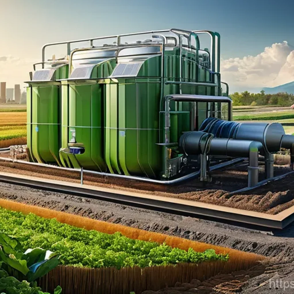 바이오매스 에너지 - A dynamic, futuristic image illustrating the transformation of organic waste into clean energy. On o...