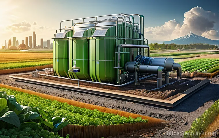 바이오매스 에너지 - A dynamic, futuristic image illustrating the transformation of organic waste into clean energy. On o...