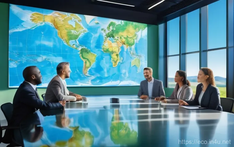 국제 환경 협약 이행 - A diverse group of adults, representing various nationalities and ethnicities, stand in a bright, mo...