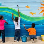 해양 보호 프로젝트 - **Prompt:** A vibrant, sun-drenched coastal town scene. A diverse group of young college students, w...