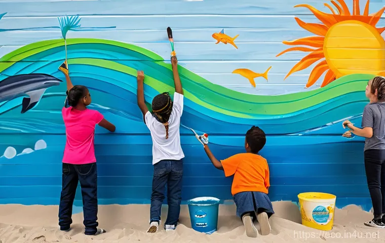 해양 보호 프로젝트 - **Prompt:** A vibrant, sun-drenched coastal town scene. A diverse group of young college students, w...