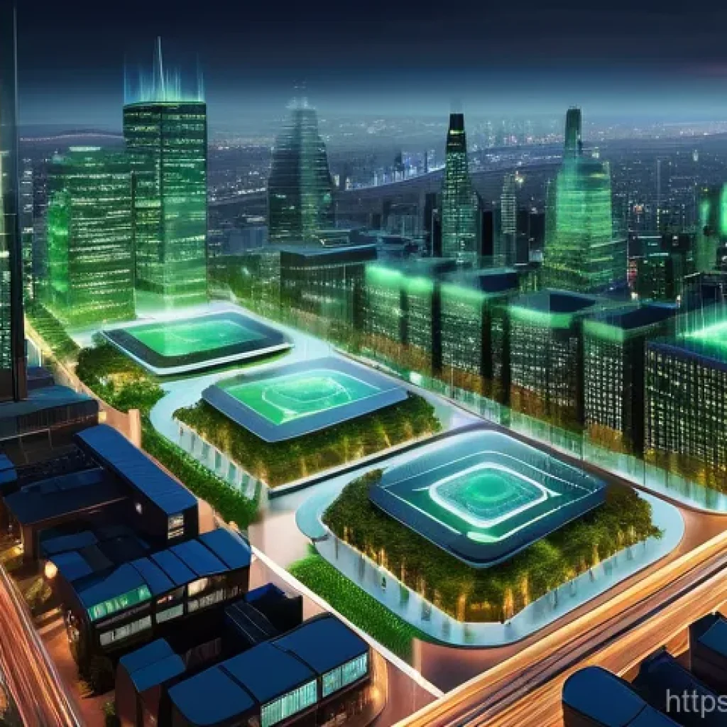 위성 데이터 활용 - An aerial view of a futuristic smart city at dusk, showcasing innovative green infrastructure and cl...