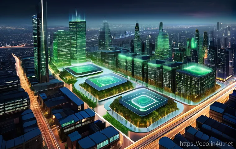 위성 데이터 활용 - An aerial view of a futuristic smart city at dusk, showcasing innovative green infrastructure and cl...