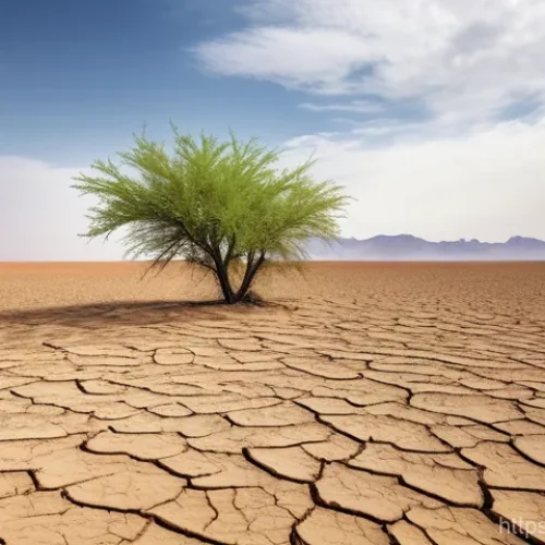 Home 28 사막화 방지 - **Image Prompt:** A vast, desolate landscape stretching to the horizon under a hazy, yellowish sky. ...