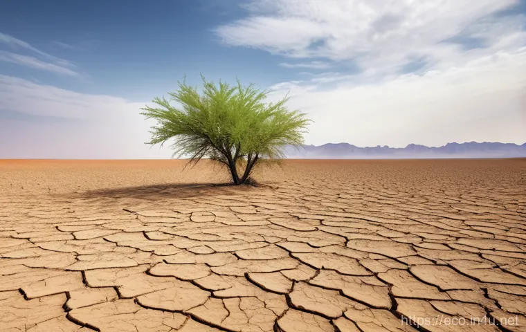 사막화 방지 - **Image Prompt:** A vast, desolate landscape stretching to the horizon under a hazy, yellowish sky. ...