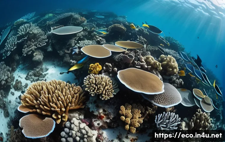 기후 변화와 해양 생물 - **Prompt:** A once vibrant and colorful coral reef is now mostly white and bleached, indicating seve...