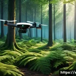 빅데이터 활용 생태 연구 - A futuristic ecological research scene showing a lush forest monitored by drones and sensor networks...