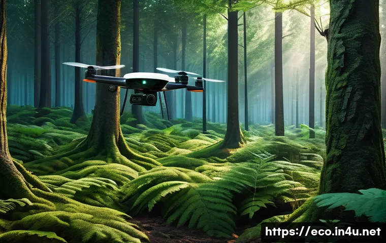 빅데이터 활용 생태 연구 - A futuristic ecological research scene showing a lush forest monitored by drones and sensor networks...