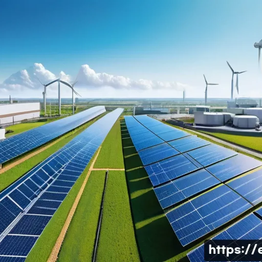 탄소세와 생태계 - A detailed illustration of a modern industrial factory integrating green technology, showcasing sola...