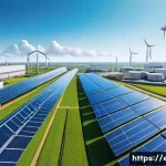 탄소세와 생태계 - A detailed illustration of a modern industrial factory integrating green technology, showcasing sola...