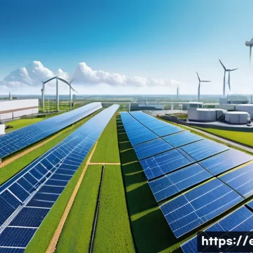 탄소세와 생태계 - A detailed illustration of a modern industrial factory integrating green technology, showcasing sola...