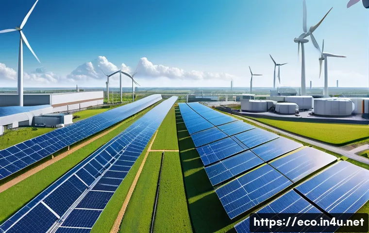 탄소세와 생태계 - A detailed illustration of a modern industrial factory integrating green technology, showcasing sola...