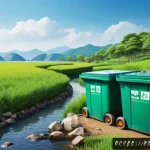 폐기물 관리와 생태 - A detailed illustration of a sustainable waste recycling process harmonized with nature: showing wor...