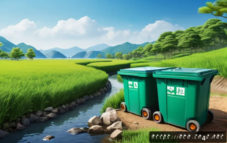 폐기물 관리와 생태 - A detailed illustration of a sustainable waste recycling process harmonized with nature: showing wor...