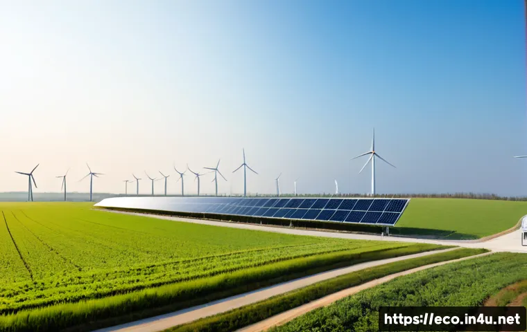 기후 변화 완화 전략 - Photorealistic wide-angle view of a modern solar farm beside wind turbines on gently rolling green f...
