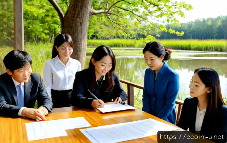생태보전 자금 조달 - Photorealistic environmental conservation funding concept, diverse community leaders and financial p...