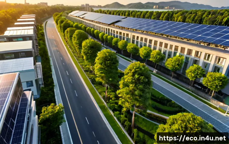 지속가능한 도시 발전 - Photorealistic aerial view of a sustainable modern city district at sunrise, tree-lined streets, sol...
