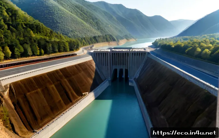 댐 건설과 생태 영향 - Photorealistic wide aerial view of a newly constructed concrete dam spanning a mountain valley, calm...