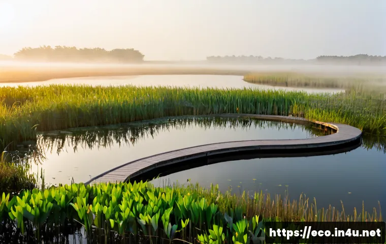 습지 보전 - Photorealistic protected wetland at sunrise, wide view of calm shallow water, tall reeds, lily pads,...